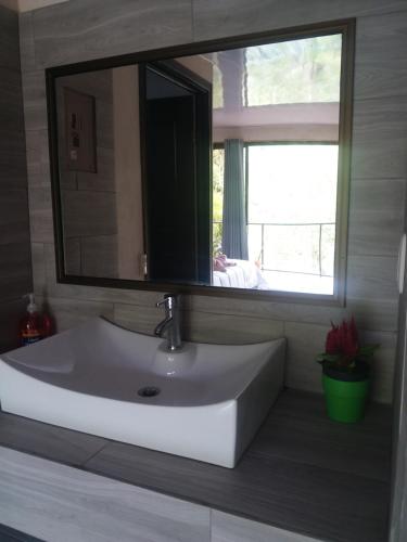 a bathroom with a white sink and a mirror at Quinta los volcanes in Turrialba