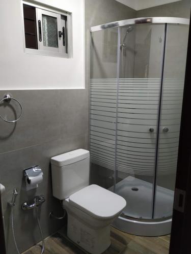 La salle de bains est pourvue de toilettes et d'une douche en verre. dans l'établissement Posada La Nona, à Minas