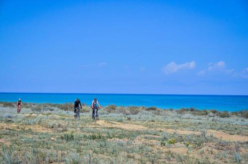 three people riding bikes in a field near the ocean at Feel Nomad Yurt Camp in Ak-Say