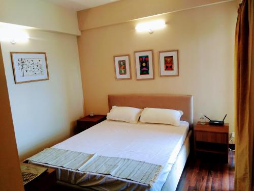 ein Schlafzimmer mit einem Bett mit zwei Kissen darauf in der Unterkunft Entire Condominium Luxury Suites Perfect Getaway in Noida