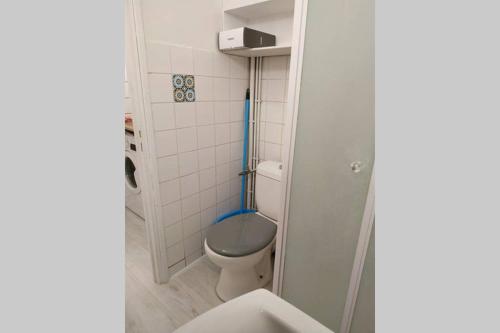 ein Badezimmer mit einem WC mit blauem Deckel in der Unterkunft Petit cocon centre historique Périgueux in Périgueux