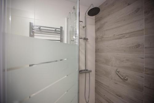 baño con ducha y puerta de cristal en Apartamento Turístico Mis Rayitos, en Córdoba
