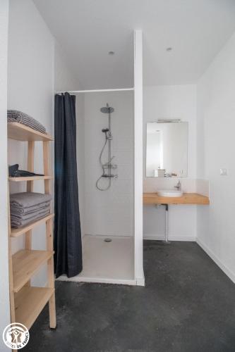 La salle de bains est pourvue d'une douche et d'un lavabo. dans l'établissement Gîte de Granit ROSE, à Besse-et-Saint-Anastaise
