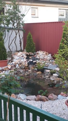 a pond in the backyard of a house at Édenkert Apartmanház in Kisvárda