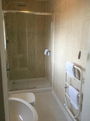 
a bathroom with a toilet and a shower stall at The Aldwick in Bognor Regis
