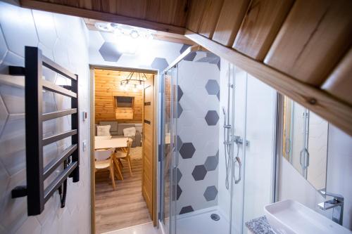 uma pequena casa de banho com um chuveiro e um lavatório. em Apartamenty Eksploris em Kudowa-Zdrój