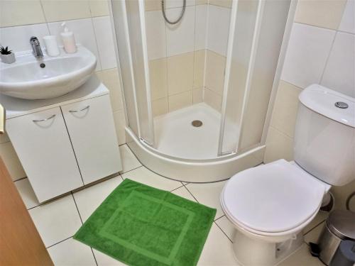 a bathroom with a toilet and a shower and a green rug at Ubytovanie na Odborárov in Spišská Nová Ves
