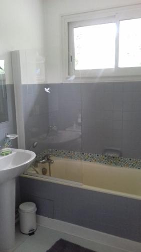 ein Bad mit einer Badewanne, einem Waschbecken und einem Fenster in der Unterkunft chez sylvette in Quinsac
