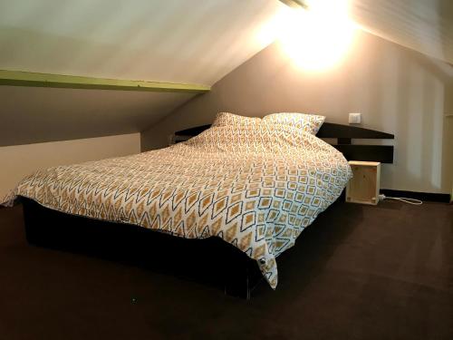um quarto com uma cama com uma luz na parede em Studio à la campagne aux portes de Nantes em Saint-Mars-du-Désert