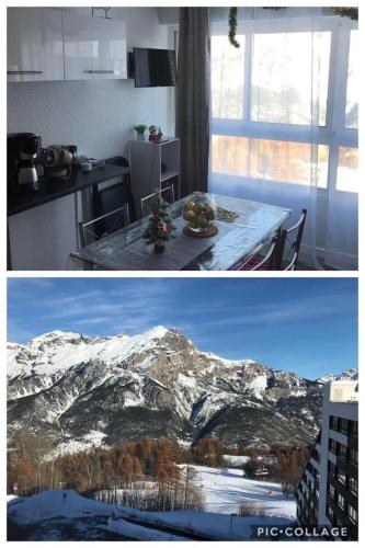 dos fotos de una cocina y una montaña en Portillo station Puy Saint Vincent, en Puy-Saint-Vincent
