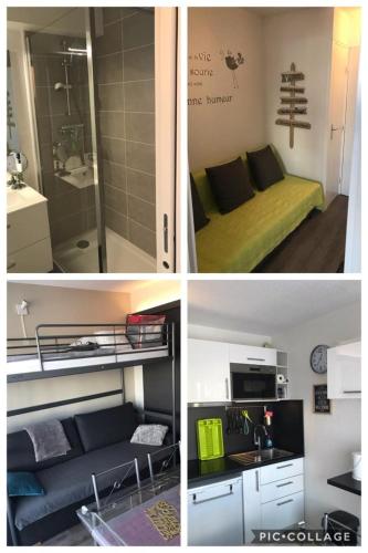 un collage de tres fotos de una pequeña habitación en Portillo station Puy Saint Vincent, en Puy-Saint-Vincent