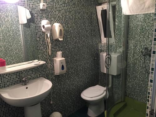 La salle de bains est pourvue d'un lavabo, de toilettes et d'une douche. dans l'établissement Casa Ardeleană, à Ploieşti