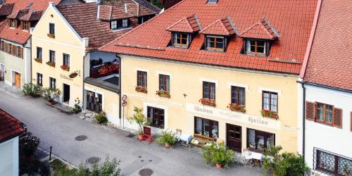 an overhead view of a city street with buildings at Pension Gästehaus Heller in Weissenkirchen in der Wachau