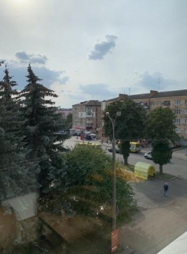 uma vista para uma rua da cidade com uma luz de rua em Babylon Apartments on Vidinska 41 em Rivne