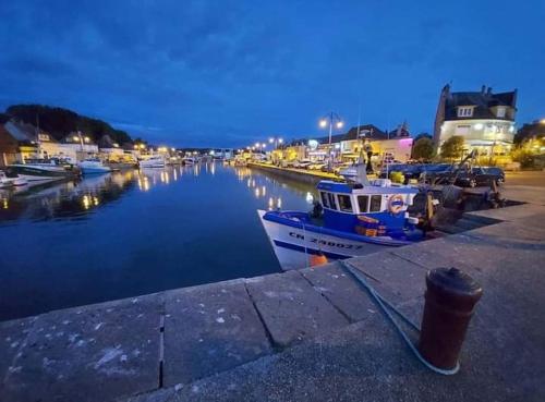 a group of boats docked in a harbor at night at Le Grand Hôtel de la Marine in Port-en-Bessin-Huppain
