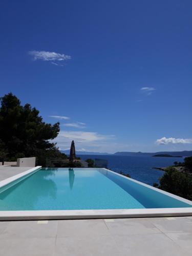 a swimming pool with the ocean in the background at Holiday Hvar in Vrbanj