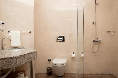 y baño con ducha, aseo y lavamanos. en BUSINESS EXPRESS HOTEL en Tekirdağ