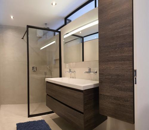 een badkamer met een witte wastafel en een douche bij B&B Doremi in Kaatsheuvel