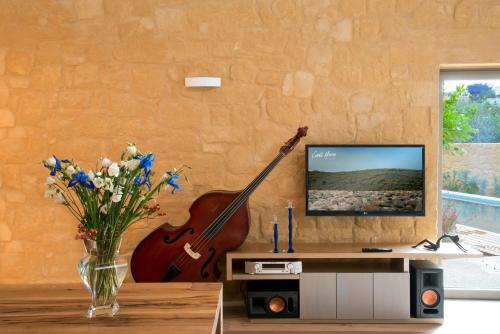 a living room with a violin on the wall at Conte Marino Villas in Maleme