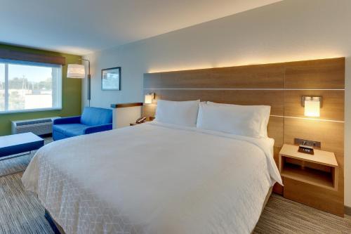 a hotel room with a large bed and a blue couch at Holiday Inn Express & Suites - Roanoke – Civic Center in Roanoke