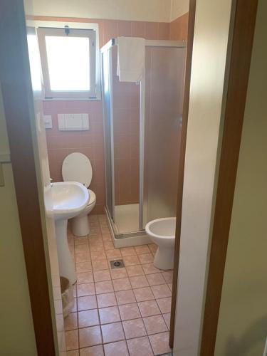 a bathroom with a toilet and a shower and a sink at Hotel Piada D'Oro in Riccione