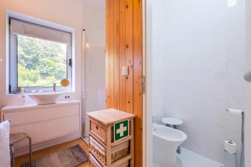 a bathroom with a sink and a toilet and a window at Casa do Castanheiro - Nordeste, Açores in Nordeste