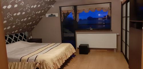 a bedroom with a bed and a large window at Sodyba Pas Jelena in Rokiškis