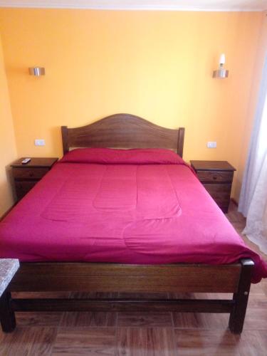 a bedroom with a bed with a pink blanket at Habitaciones y Apartamentos el Caleuche El Tabo in El Tabo