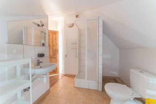 een witte badkamer met een toilet en een wastafel bij kaszuby-Grzonka in Bytów