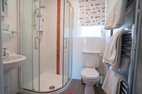 La salle de bains est pourvue d'une douche, de toilettes et d'un lavabo. dans l'établissement The Annexe at Clarendon, à Bovey Tracey