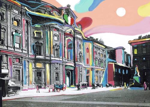 un dipinto di una via cittadina con edifici di l'Orso e le Stelle a Torino