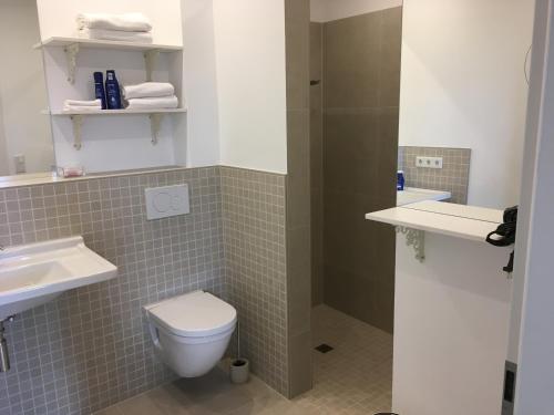 a bathroom with a toilet and a sink at Großzügiges Appartement -ruhig und doch zentral in Odenthal