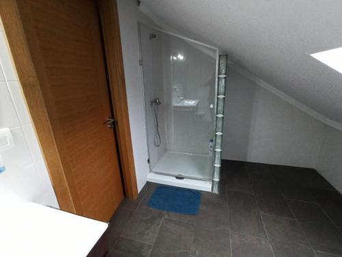 a bathroom with a shower with a blue rug in it at A casa da Balbina in Betanzos