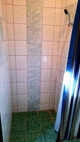 a bathroom with a shower with a shower curtain at Penzion Na Figleně in Slatinice