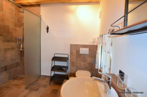 a bathroom with a sink and a toilet and a shower at Naturhaus Innviertel in Holzöster