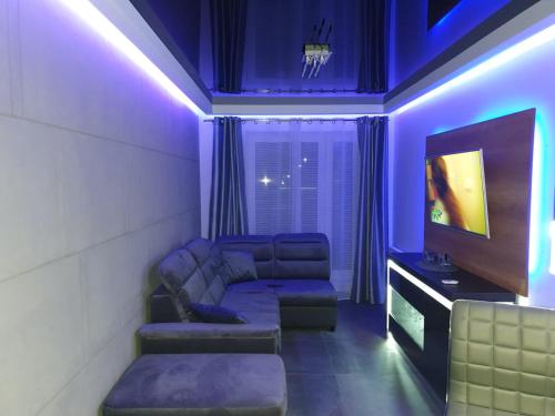 uma sala de estar com um sofá e uma televisão em Apartament Skarbowa 1 em Leszno
