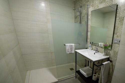 a bathroom with a shower and a sink and a mirror at Apartamentos Santa Clara in Alhaurín de la Torre