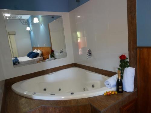 uma banheira na casa de banho com um espelho grande em Terwindt Hotel em Encarnación