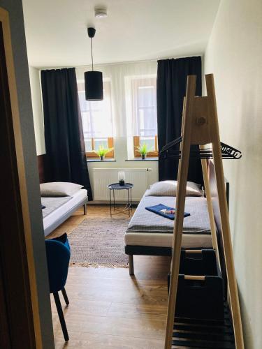 a bedroom with a bunk bed and a ladder at Pension Boulevard in Waldsassen