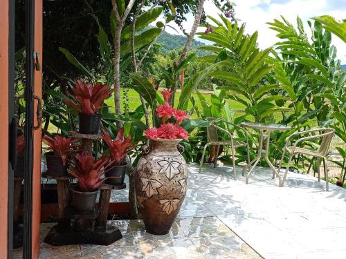 a large vase with flowers in it on a patio at ภูเรือวิว รีสอร์ท in Loei