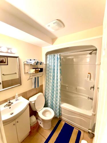 a bathroom with a toilet and a sink and a shower at Elgin Suite in Niagara Falls