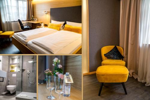 trois photos d'une chambre d'hôtel avec un lit et une chaise dans l'établissement Gasthaus Zur Krone, à Großheubach