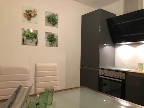 a kitchen with a glass table and a black refrigerator at Idyllische Ferienwohnungen in Mossendorf in Burglengenfeld