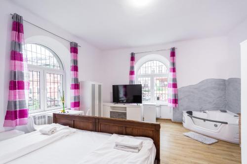 - une chambre avec un lit, une baignoire et une télévision dans l'établissement Jacuzzi JM Rooms Apartment WAWELOFTS, à Cracovie