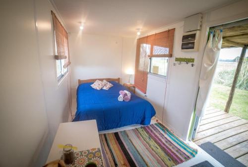 um pequeno quarto com uma cama azul numa casa em La Práctica em Carmelo