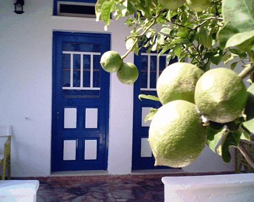 a bunch of green fruit in front of a blue door at Villa Maria Vekri in Koufonisia