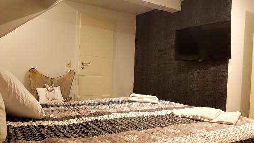 a bedroom with a bed with a tv on the wall at Les étangs du Thioux B&B in Malmedy