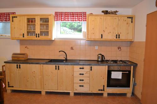 uma cozinha com armários de madeira e um lavatório em Villa Zdiar 681 em Ždiar