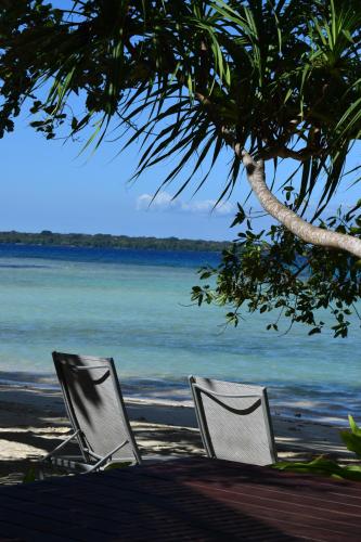 two chairs sitting on the beach under a tree at Barrier Beach Resort in Luganville