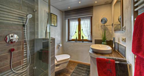 ein Bad mit einem Waschbecken, einem WC und einer Dusche in der Unterkunft Haus Gorbach in Oberstaufen